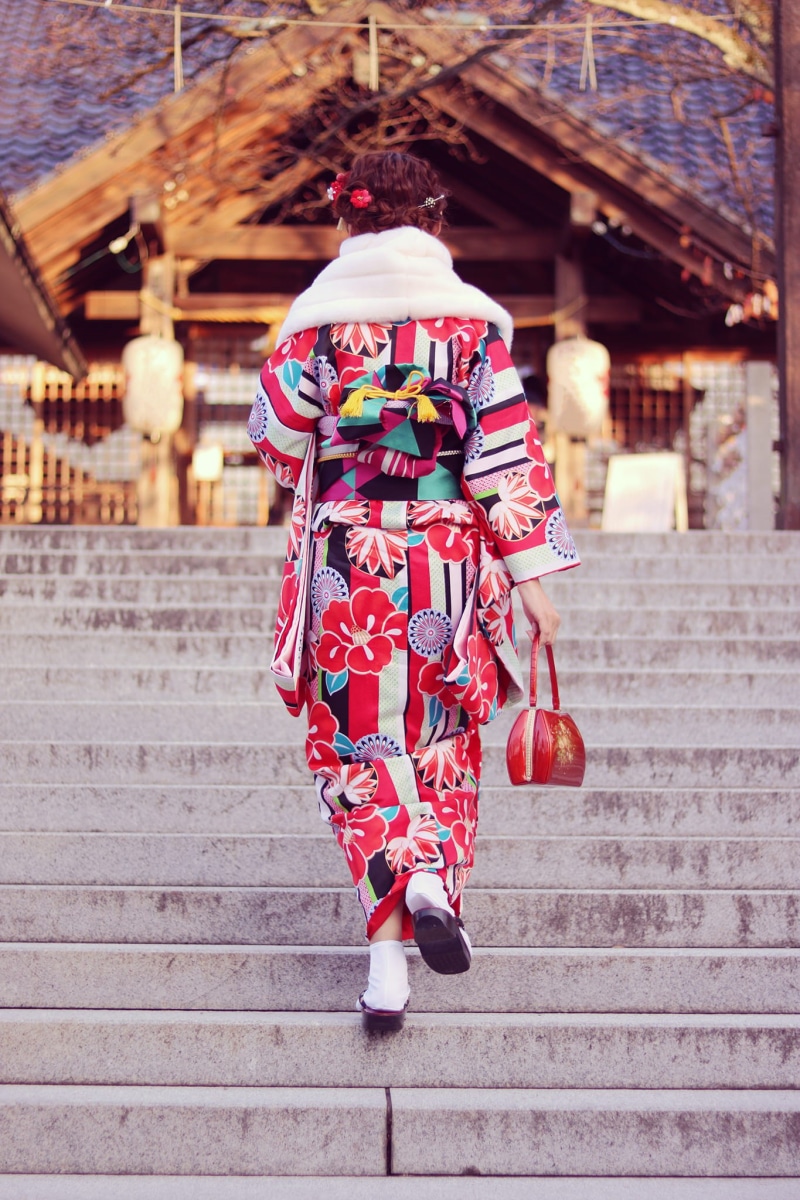 lifestyles, females, floral pattern, brown, woman, architecture, staircase, black, white, casual clothing, facing, dress, japanese Ethnicity, people, city