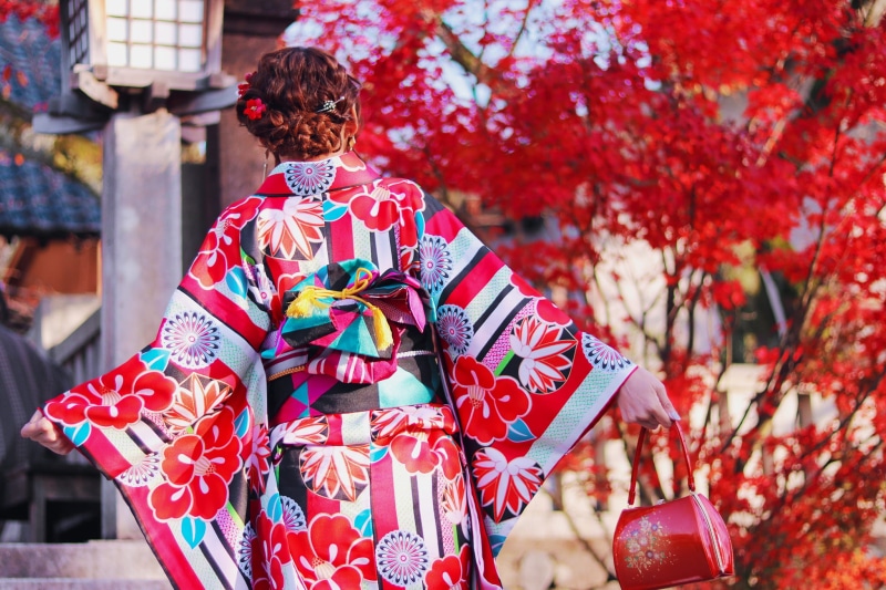 daytime, rear view, kimono, leisure activity, day, japanese Culture, 1080P, handbag, gion, robe, holding, cultures, adults only, kyoto City, multicolored