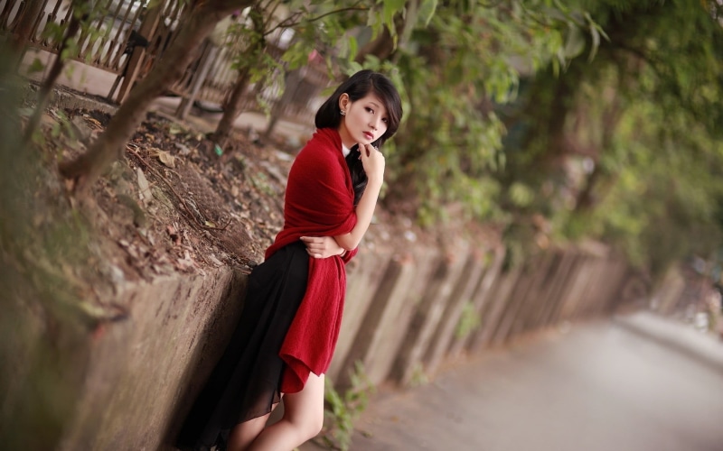 leisure activity, dress, asian and Indian Ethnicities, cute, smiling, near, relaxation, woman, tilt shift, leaning, hair, beautiful, chinese Ethnicity
