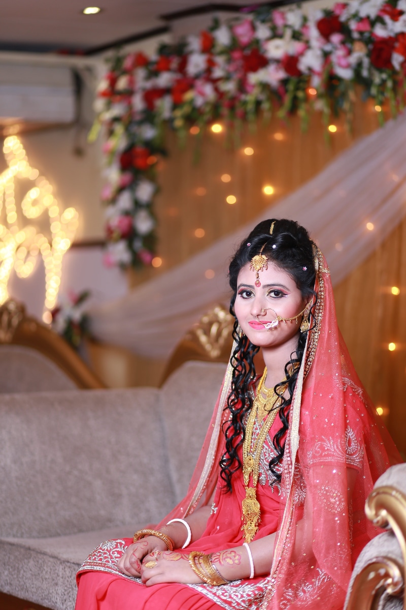 beauty, clothing, girl, traditional clothing, looking at camera, wedding, indoors, one person, celebration, adult, wear, gold, traditional, sitting, 5K