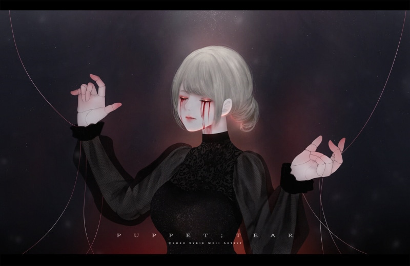Kyrie Meii, tears, anime girls, blood, 1080P, silver hair, anime, puppets, Black clothes, simple background, crying, black clothing