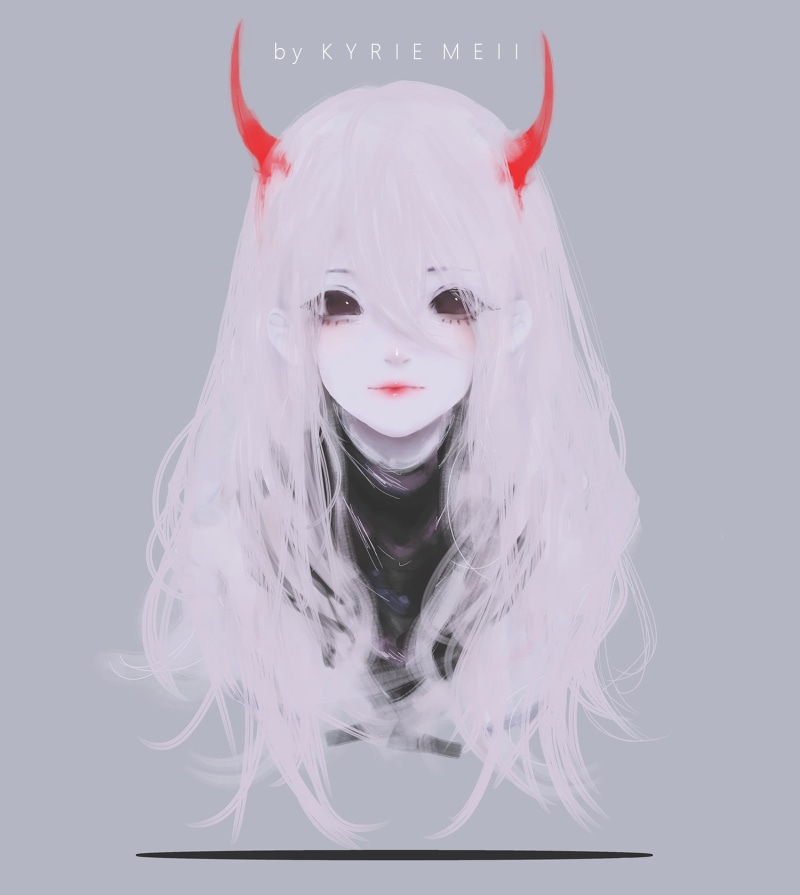 horns, anime, dark eyes, simple background, Kyrie Meii, anime girls, face, 720P, long hair