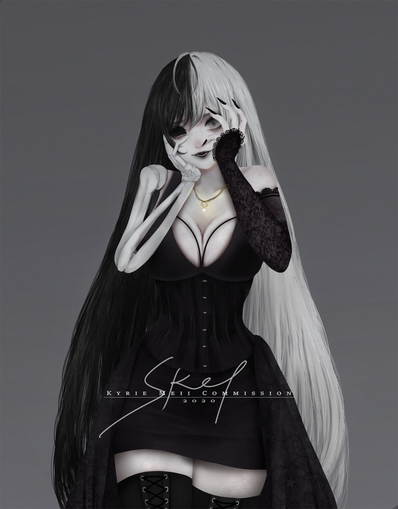 dark hair, light hair, black nails, anime girls, anime, 1080P, Kyrie Meii, black clothing, Black clothes, dark eyes, black hair, black eyes, bones, white