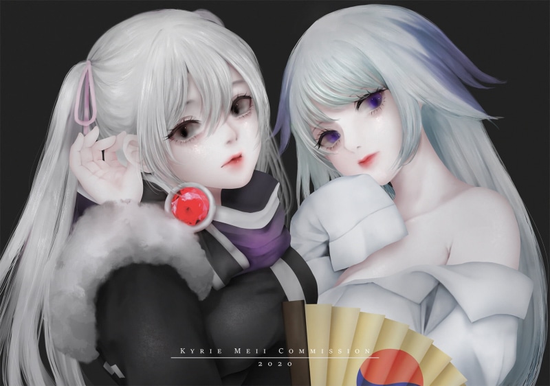 Black clothes, cold, white clothing, purple eyes, white hair, 1080P, long sleeves, black clothing, Kyrie Meii, black eyes, anime girls, anime