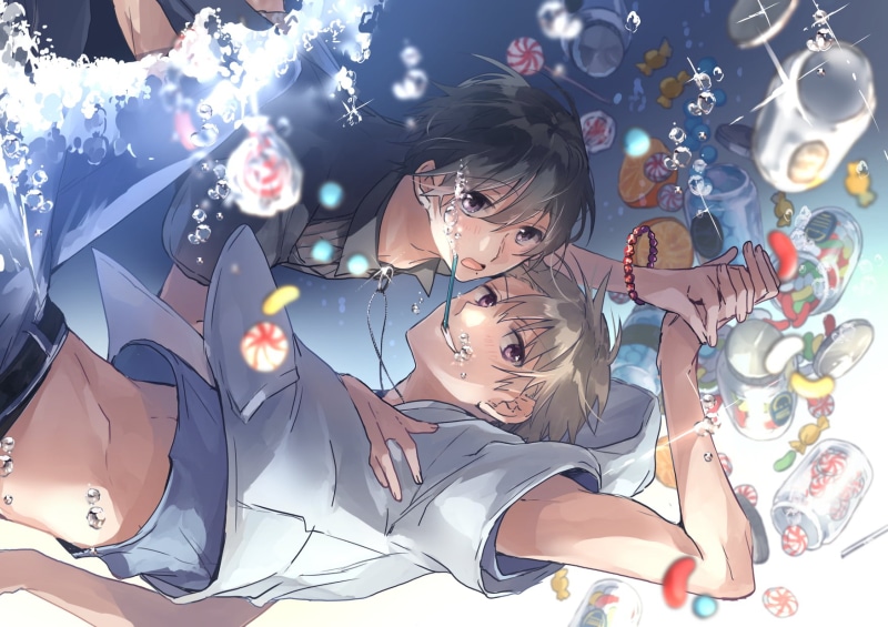 anime, foam, fruit, 720P, sweets, water, anime boys, blush, Yaoi, Male, bubble, necklace, underwater