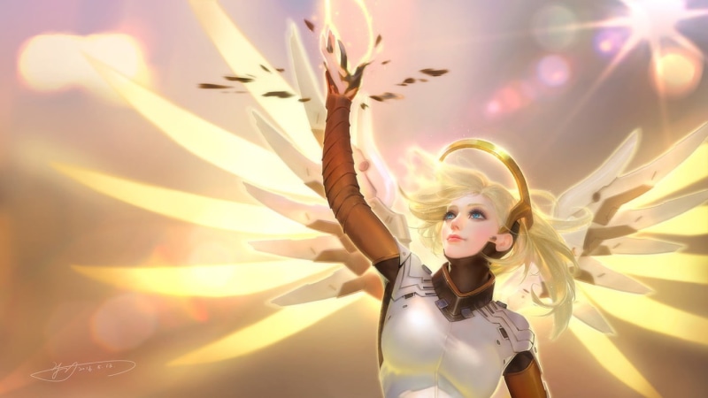 women, sunlight, hair, yellow, 720P, fashion, angel, hairstyle, leisure activity, real people, illustratio, looking at camera, Mercy (Overwatch), beautiful woman