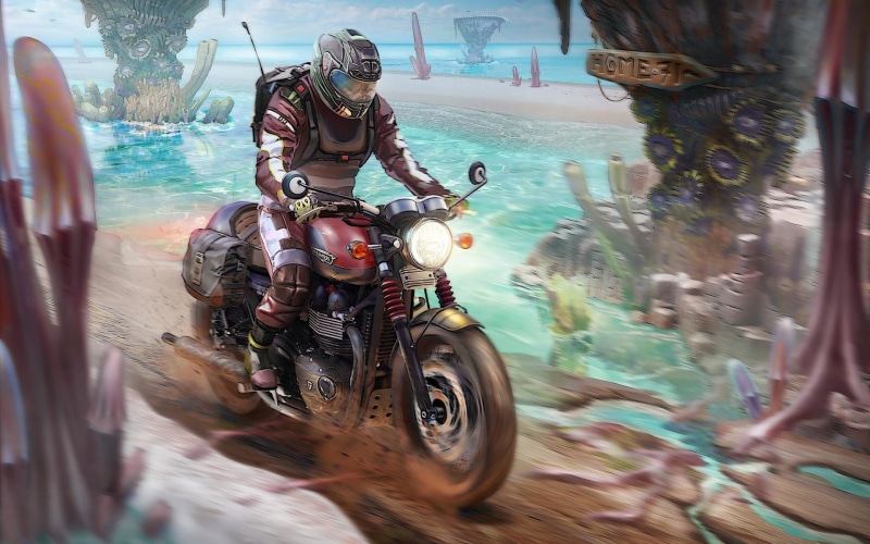 Concept Art, 1080P, Art, Illustratio, Figure, Biker, Motorcycle, Transport, T120 on lagoon world, Lee Oscar Meyer, Transport and Vehicles, by Lee Oscar Meyer