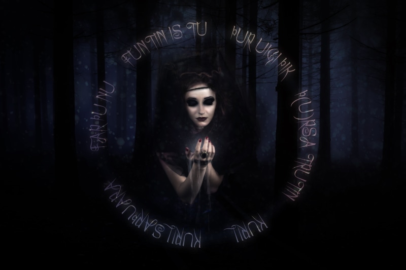 front view, one person, forest, studio shot, ritual, women, adult, illustratio, black, young adult, communication, indoors, dark, mysticism, digital composite