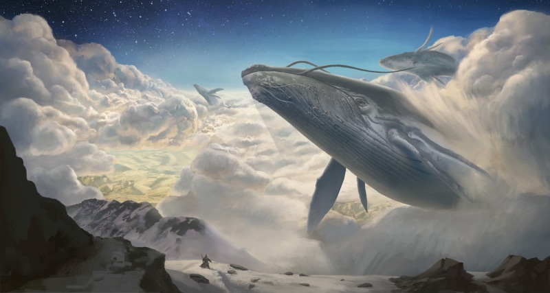 artwork, mountains, 1080P, stars, clouds, Gojira, fantasy art, flying, whale