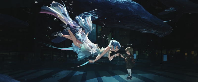 girl, anime, stage, Hatsune Miku, performance, two people, young women, ultrawide, event, night, adult, women, underwater, musical instrument, skill, wearing
