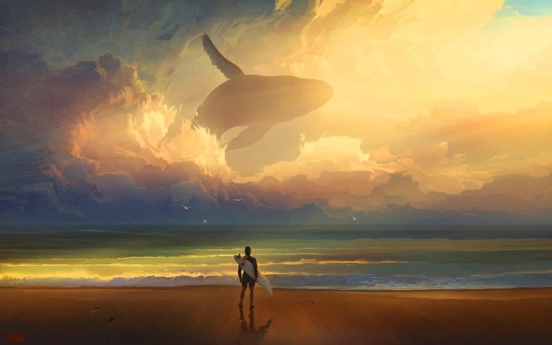person, surfer, surf, whale, drawing, shore, hd, beach, fantasy, 720P, ocean