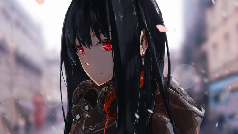 happy, anime, manga, Shibuya Rin, red eyes, 1080P, anime girls, headphones, black hair