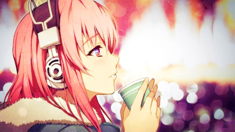 anime girls, multi Colored, holding, human body part, cup, females, pink hair, Nitroplus, smiling, digital, blurred, looking at camera, creativity, color Image