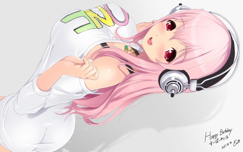 close-up, indoors, Nitroplus, women, long hair, toy, pink hair, females, bangs, headphones, art and craft, open mouth, childhood, Super Sonico, white background