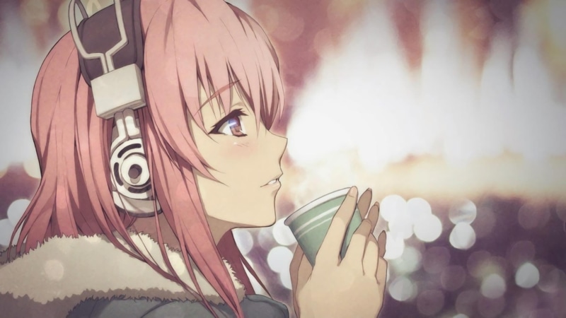 headphones, face, 1080P, anime girls, Nitroplus, blurred, anime, pink hair, Super Sonico, profile