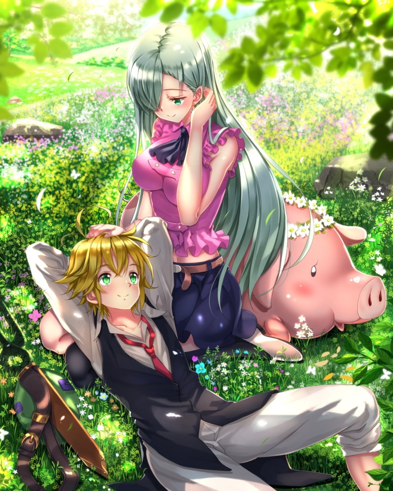 outdoors, sunlight, nature, short hair, Nanatsu no Taizai, pigs, anime girls, meliodas, lifestyles, real people, green eyes, people, women, looking at camera