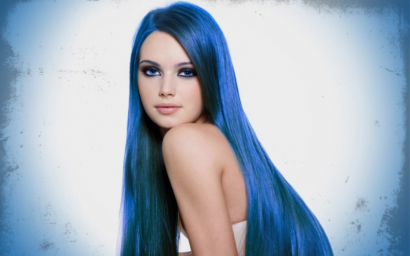 dyed hair, one person, 1080P, hairstyle, long hair, women, indoors, young women, front view, blue, hair  , fashion, portrait, hair, contemplation, beauty