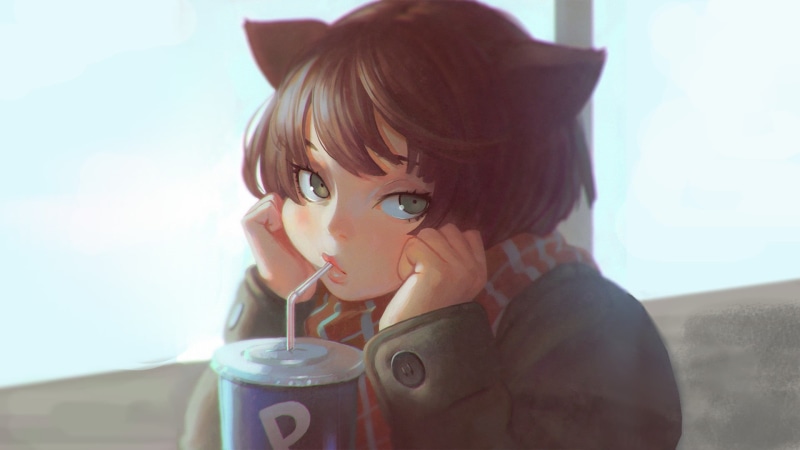 digital art, looking, innocence, front view, child, sunlight, focus on foreground, headshot, portrait, anime girls, real people, one person, schoolgirl