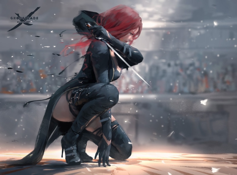 thigh-highs, heels, black dress, realistic, WLOP, 720P, redhead, Ghostblade