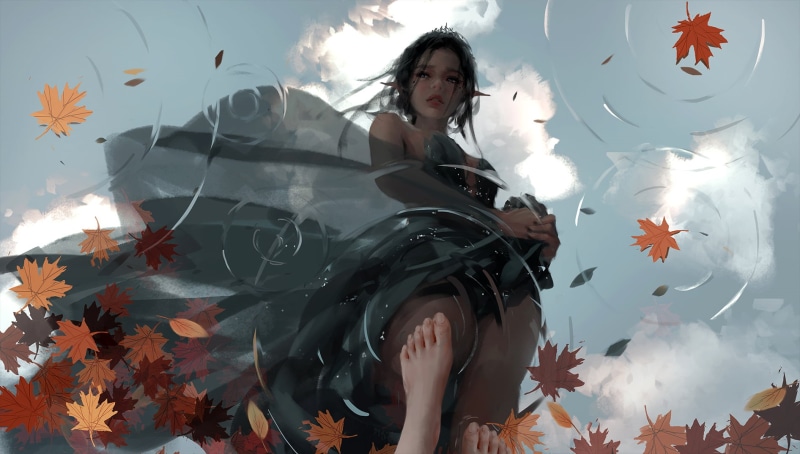 720P, fall, Yan Haiqin, reflection, feet, Ghostblade, women, water drops, WLOP, yellow leaves