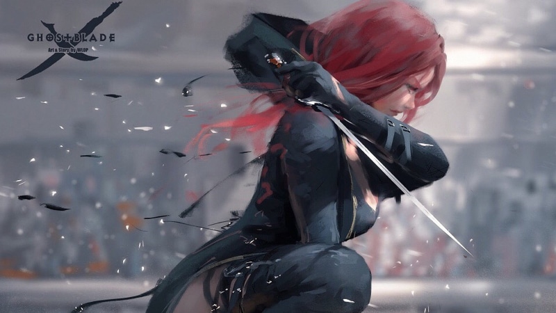 Ghostblade, long hair, fantasy girl, WLOP, redhead, sword, 1080P, artwork