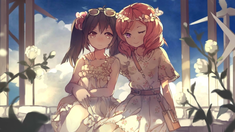 representation, real people, two, day, female likeness, creativity, girls, illustration, Yazawa Nico, plant, sky, characters, focus on foreground, Nishikino Maki