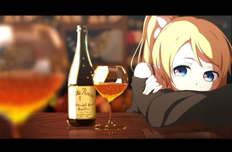cocktail, transfer print, Love Live!, one person, character, focus on foreground, wineglass, female, alcohol, wine, food and drink, drinking glass, restaurant