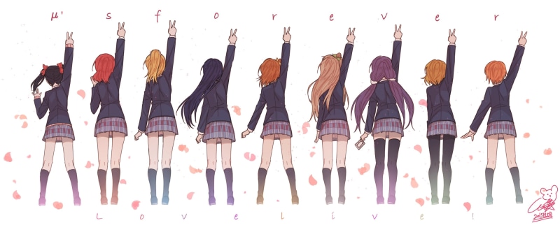 Kousaka Honoka, Sonoda Umi, Nishikino Maki, Ayase Eli, miniskirt, in a row, standing, group, men, Koizumi Hanayo, clothing, arms up, Hoshizora Rin, white background