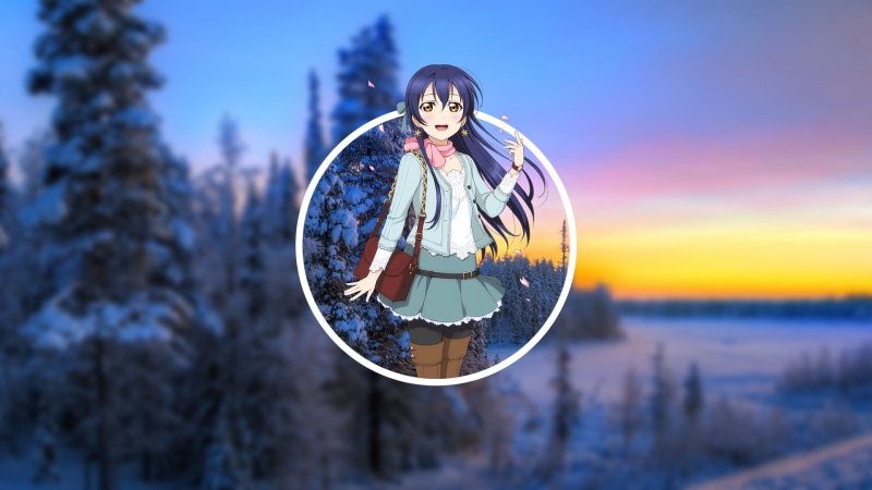 land, holding, nature, Sonoda Umi, anime, snow, one person, plant, adult, outdoors, anime girls, winter, tree, picture-in-picture, sunset, portrait, sky
