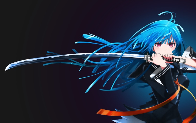 music, underwater, cable, Kisara Tendo , katana, 1080P, indoors, black background, blue, copy space, sword, connection, illuminated, close-up, Black Bullet