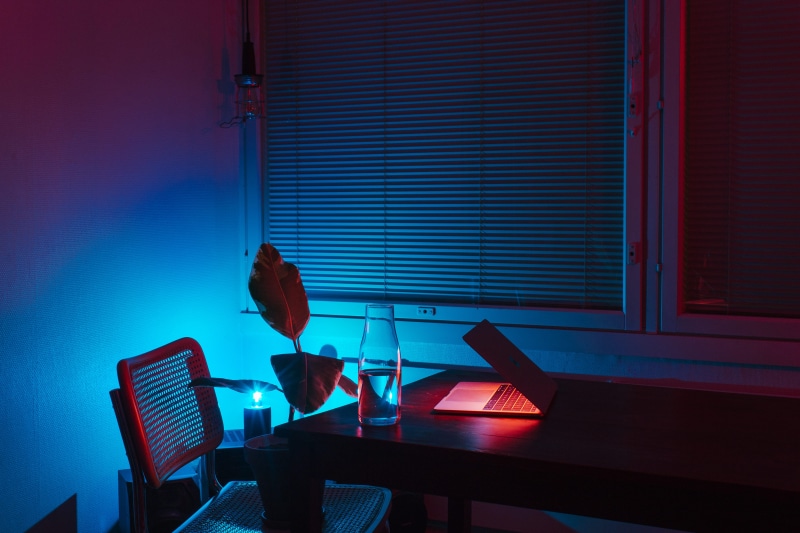 mac book, office, technology, dark, lights, wireless technology, table, home interior, one person, connection, blue light, night, seat, laptop, aesthetic