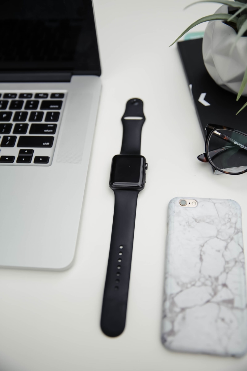 black, office, desk, indoors, close-up, pen, phone, suwanee, glasses, technology, writing instrument, still life, iphone, watch, succulent, white background