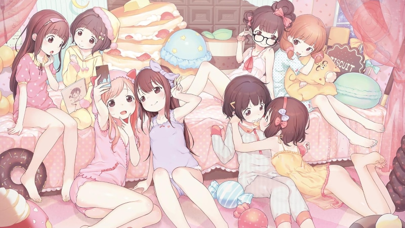anime, anime girls, candies, loli, pink pajamas, pyjamas, 1080P, pink, original characters