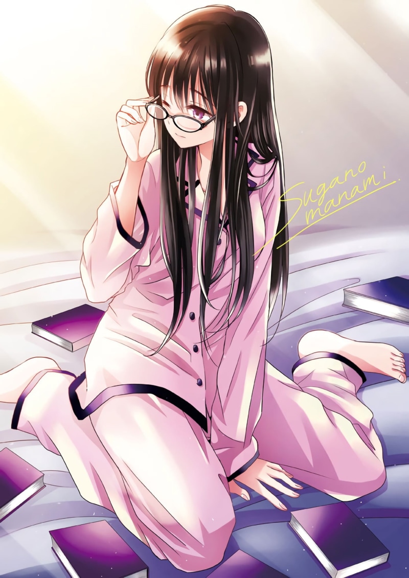 sugano manami, hairstyle, purple, long hair, arms raised, anime girls, human body part, beautiful woman, hair, technology, human arm, listening, emotion