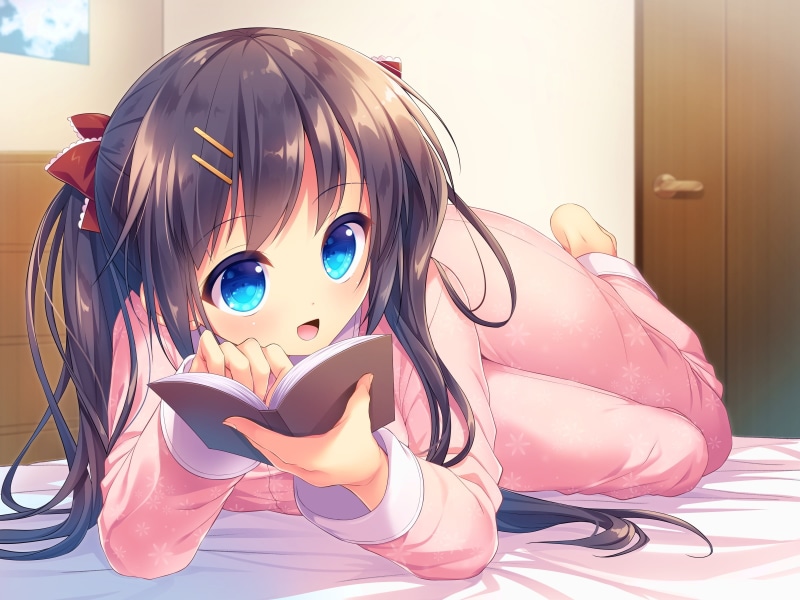original, com, hair, pajamas, nametakenoko, barefoot, long, black, book, 1080P, konachan, aqua, twintails, bed, eyes, 254864