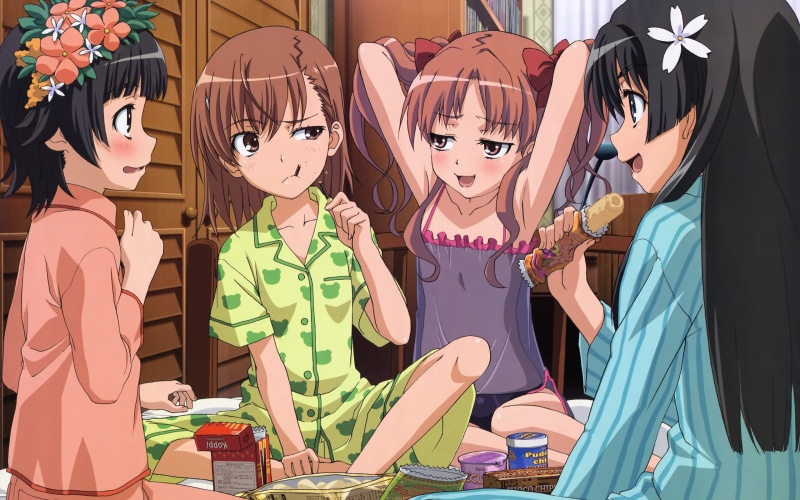 railgun, saten, kazari, 2K, aru, kagaku, ruiko, food, pajamas, mikoto, kuroko, uiharu, index, shirai, misaka, majutsu