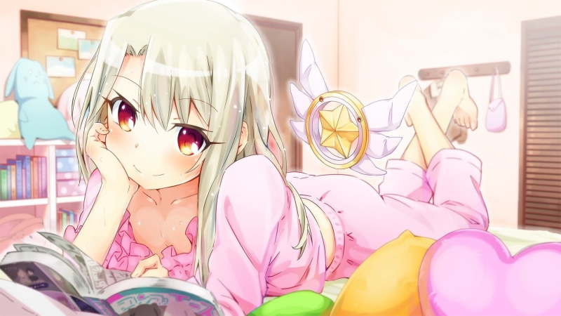 in bed, Illyasviel von Einzbern, barefoot, red eyes, white hair, legs up, anime, pink pajamas, anime girls, 1080P, Fatekaleid liner Prisma Illya