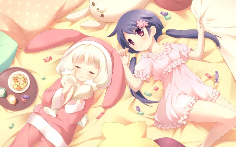 1080P, pajamas, cafe, miyuri, yukishita, ogiwara, kyouko, sleeping, twintails, suimya, loli, sourire, candy