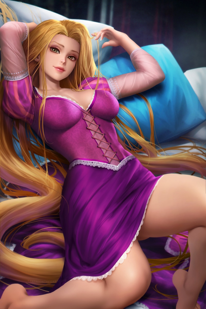 barefoot, blonde, smiling, purple dress, vertical, Tangled, cleavage, 2K, fan art, long hair, looking at viewer, dress, drawing, digital art, Disney princesses