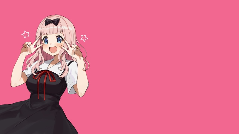school uniform, Kaguya-Sama: Love is War, anime girls, pink background, hair ribbon, 4K, anime, Chika Fujiwara