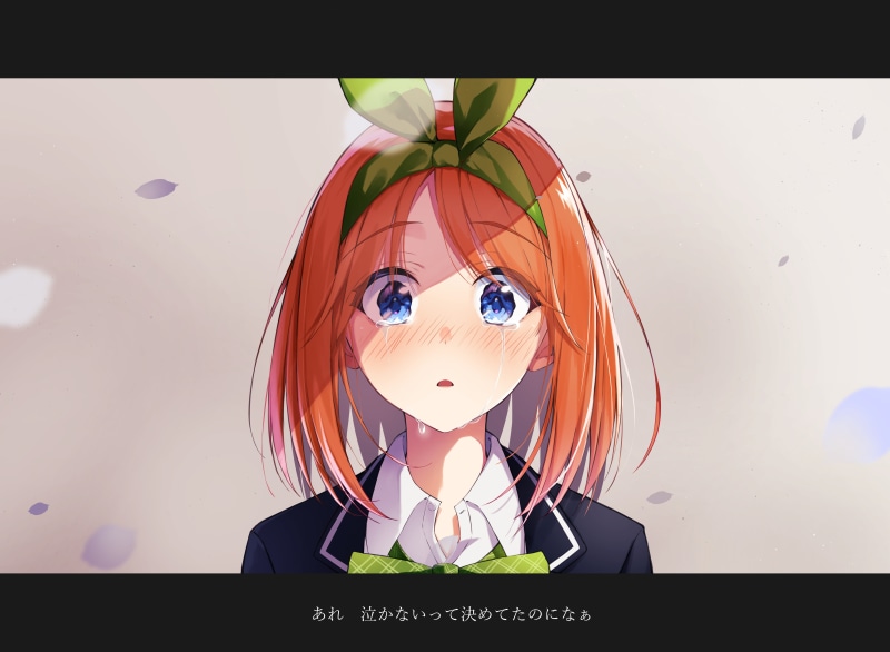 5-toubun no Hanayome, crying, Yotsuba, Nakano, digital art, ribbon, 5K, school uniform, blue eyes, redhead, short hair