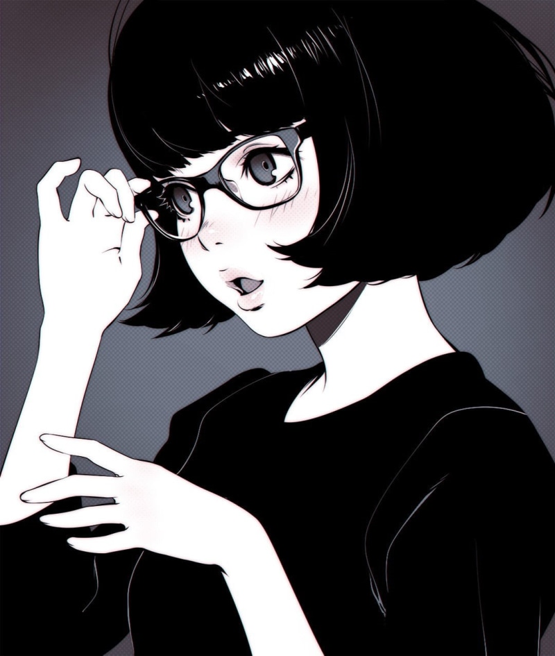 fashion, studio shot, black background, one person, indoors, headshot, black, waist up, portrait, haired, artwork, character, young women, Ilya Kuvshinov