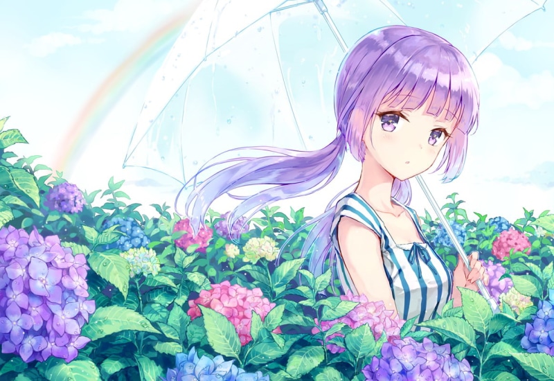flowering plant, 480P, Aikatsu, anime girls, purple eyes, women, vulnerability, outdoors, portrait, lifestyles, purple hair, one person, child, day, childhood
