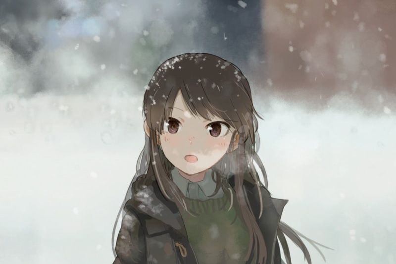 character, innocence, Aikatsu, snowing, closeup, real people, portrait, photo, anime girls, looking at camera, standing, brunette, headshot, day, front view