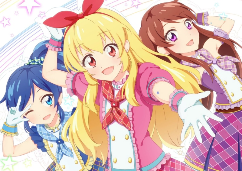 purple, eyes, long, gloves, shibuki, aikatsu, ponytail, brown, aoi, skirt, headband, 720P, hair, red, blush, blue, kiriya, ran, blonde