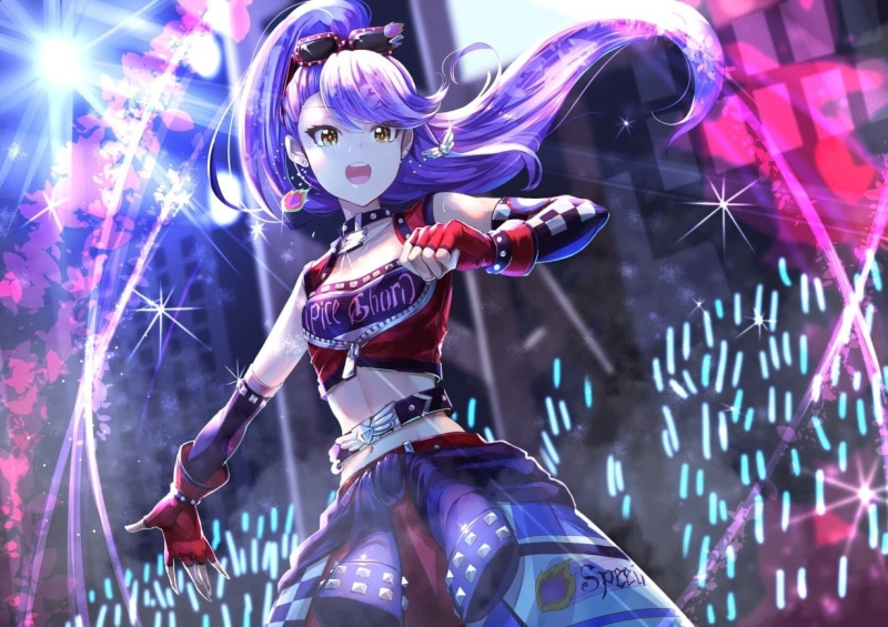 yellow eyes, sunglasses, elbow gloves, navels, ponytail, collars, 480P, gloves, violet hair, Aikatsu, long hair, choker