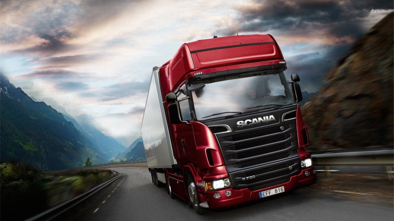 land vehicle, highway, Scania, symbol, transportation, 1080P, on the move, commercial land vehicle, mountain, nature, sky, semi-truck, mode of transportation