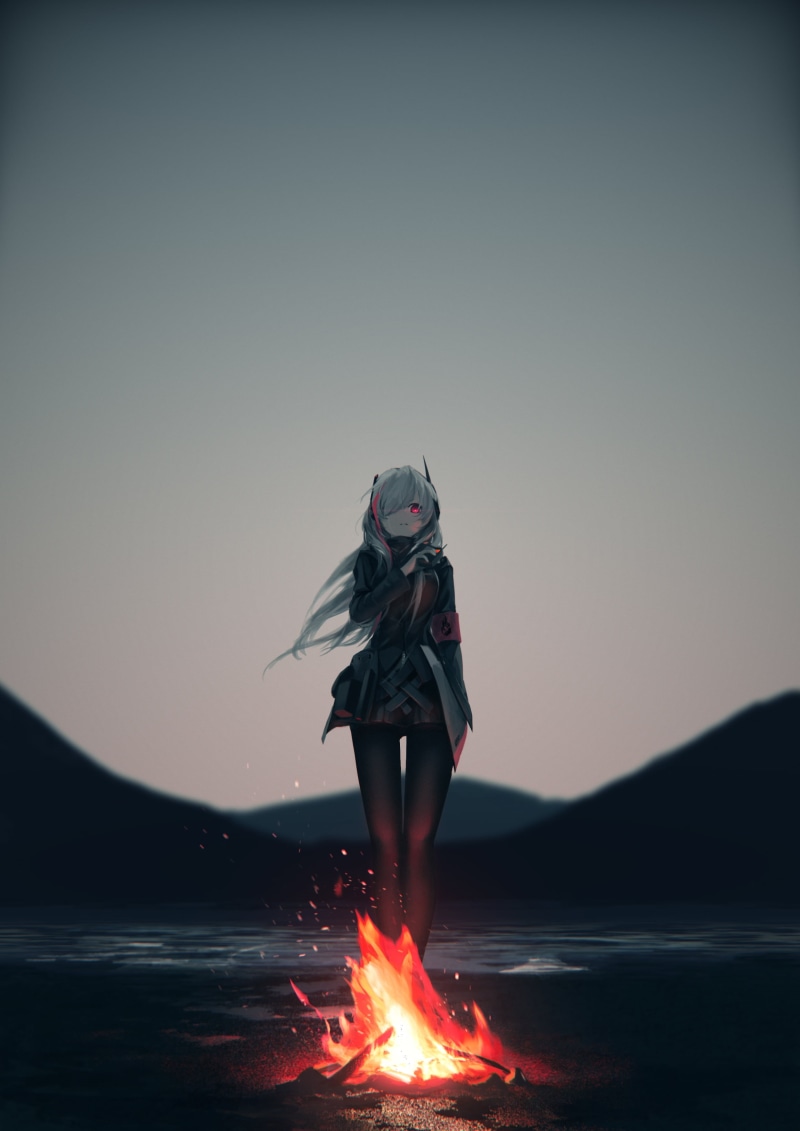M4 SOPMOD II (Girls Frontline), 2K, human arm, sea, anime, outdoors, sky, anime girls, mountain, Girls_Frontline, nature, one person, land, flame, real people