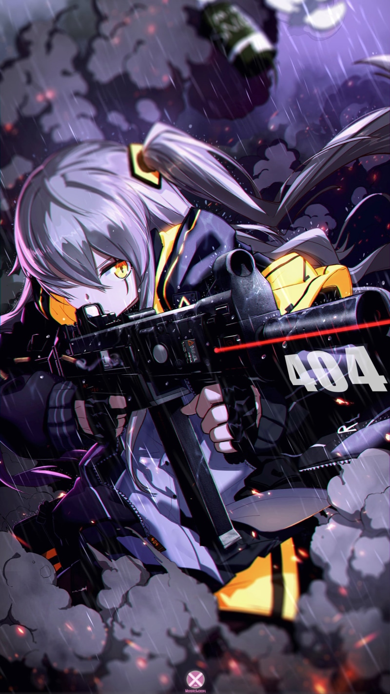 ponytail, anime, rain, yellow eyes, 2K, digital art, ump45 (Girls Frontline), tail, girls with guns, Girls Frontline, artwork, gray hair, vertical, anime girls