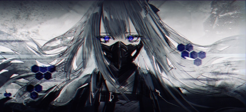 day, blue eyes, emotion, obscured face, nature, digital composite, front view, outdoors, human arm, clothing, 2K, one person, Anime, ak-12, mask, human body part